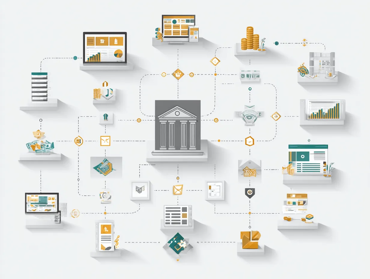 Illustration of a central bank building connected by dotted lines to various icons representing financial documents, charts, currency, computers, and digital banking.